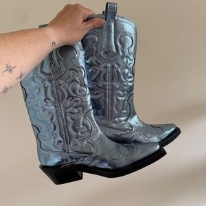 Ganni Recycled Leather Blue Metallic Western Boots 39